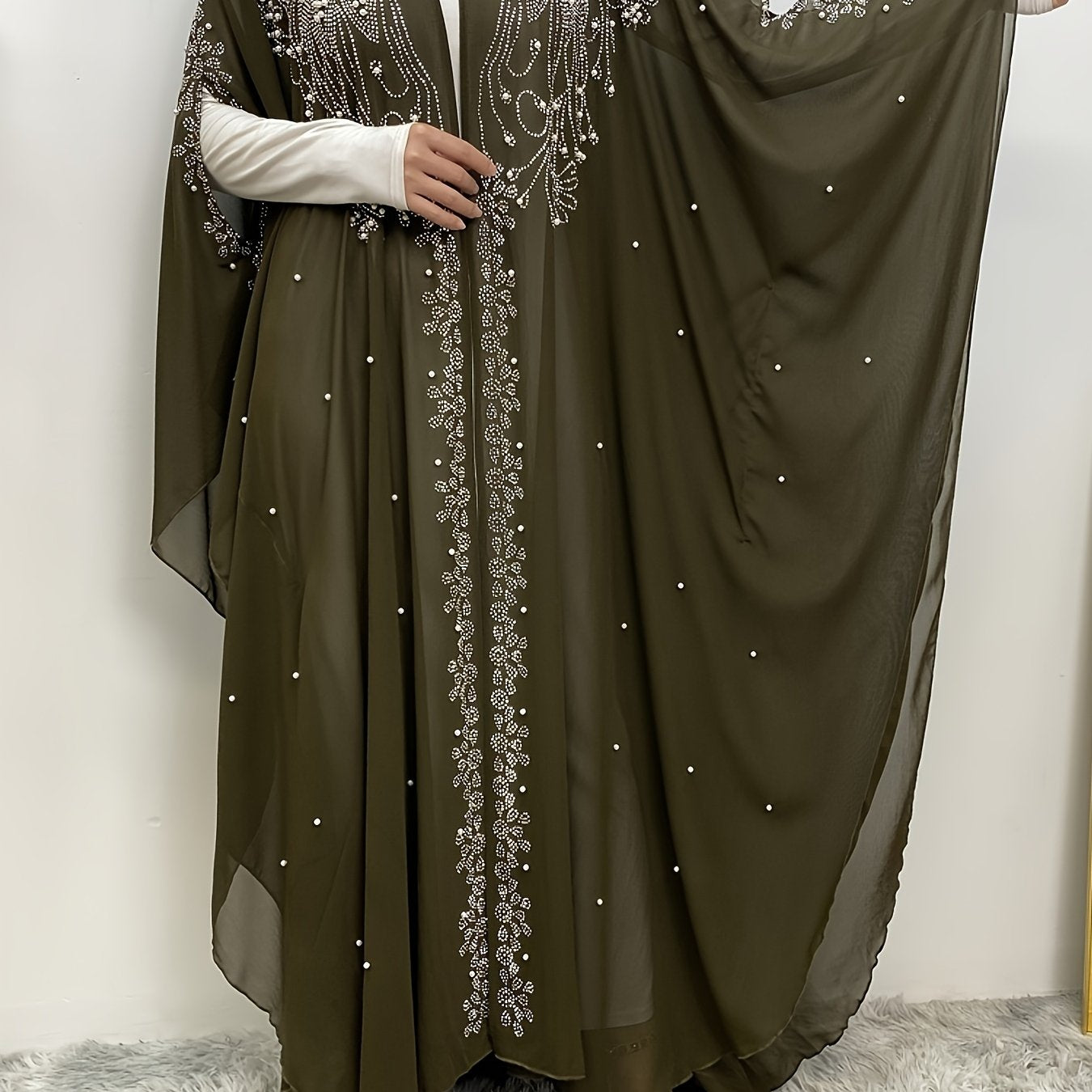 Luxury Chiffon Rhinestone-Embellished Hooded Muslim Kimono Abaya with Batwing Sleeves - Long Formal Party Gown, Machine Washable Elegant Modest Evening Dress for Spring/Summer