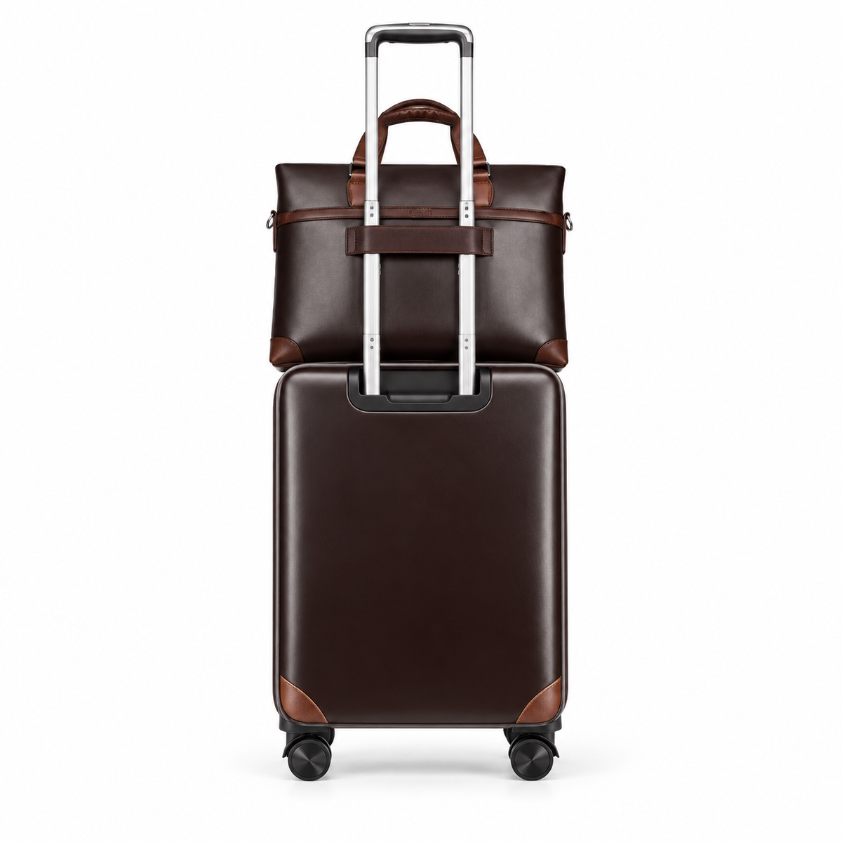 Brown Leather Trolley Luggage With Tote