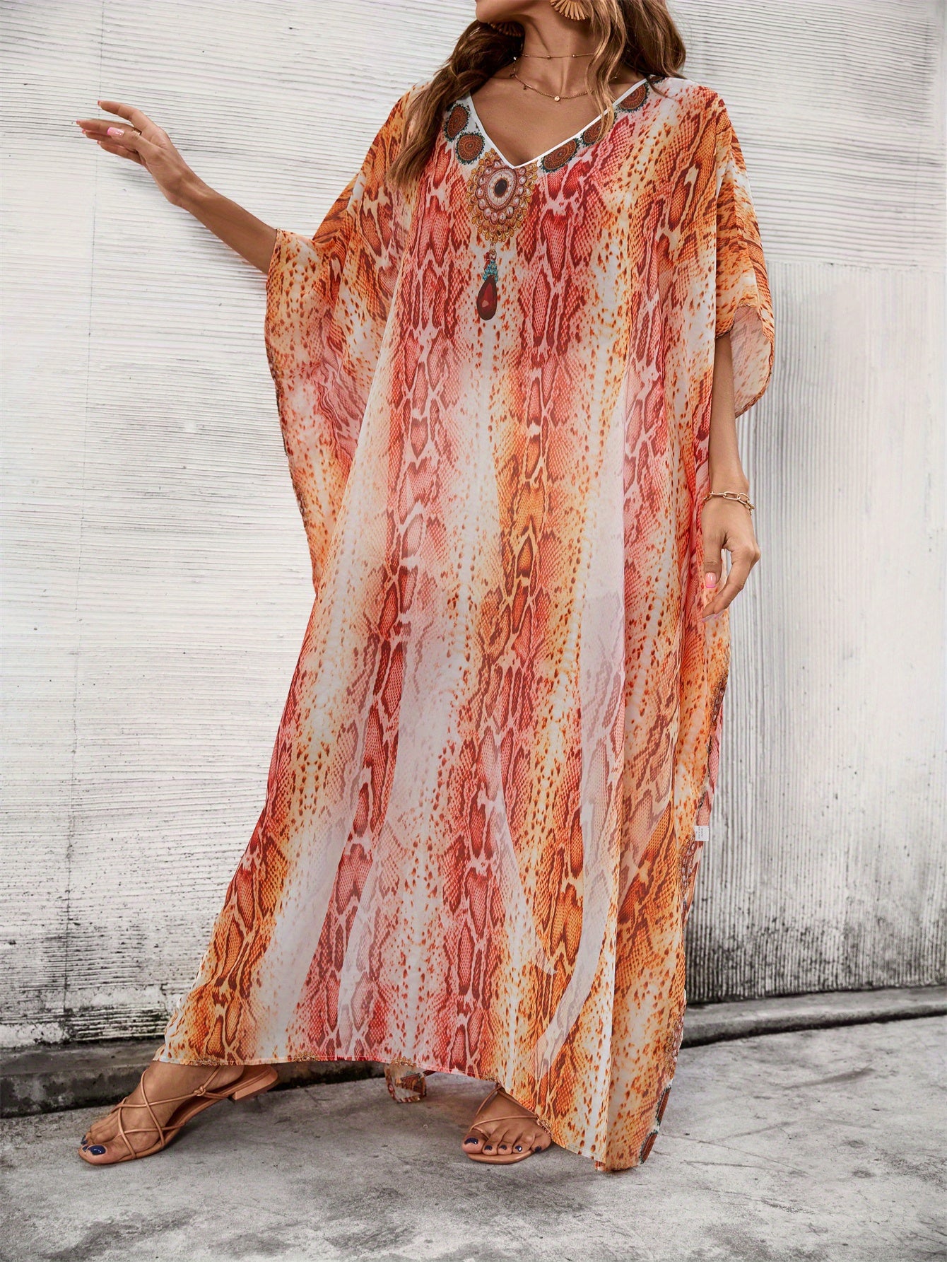 Plus Size Boho Beach Maxi Dress - Vibrant Print V-Neck Kaftan with Side Slits, Stretchy Lightweight Fabric, Short Sleeve Resort Wear for Seaside, Summer Parties & Casual Outings, Beach Dress, Seaside Event Attire, Flowy Fabric