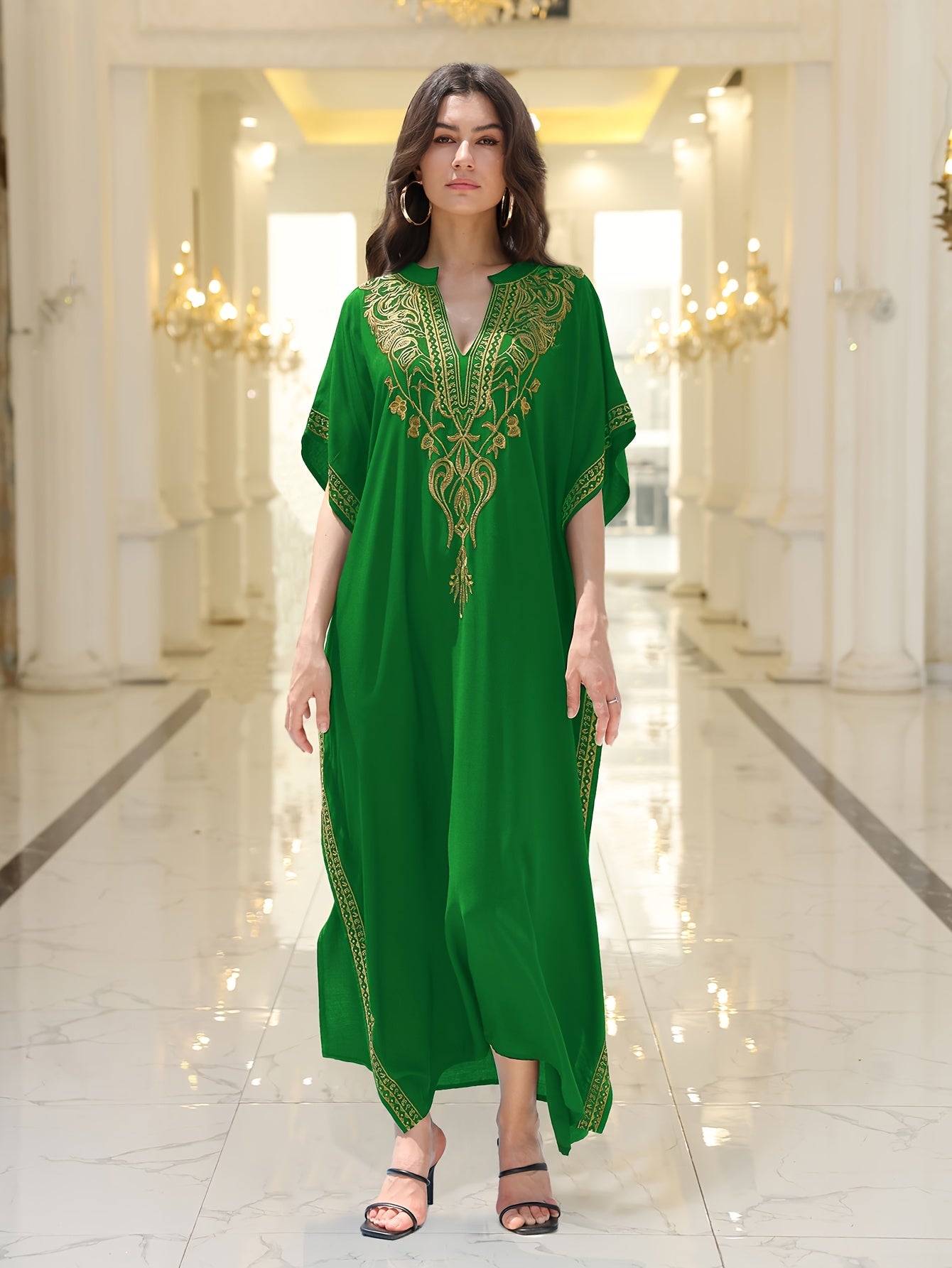 Long Robe Golden Embroidered Vacation Robe Kaftan Dress V-neck Beach Cover Shirt Kaftan