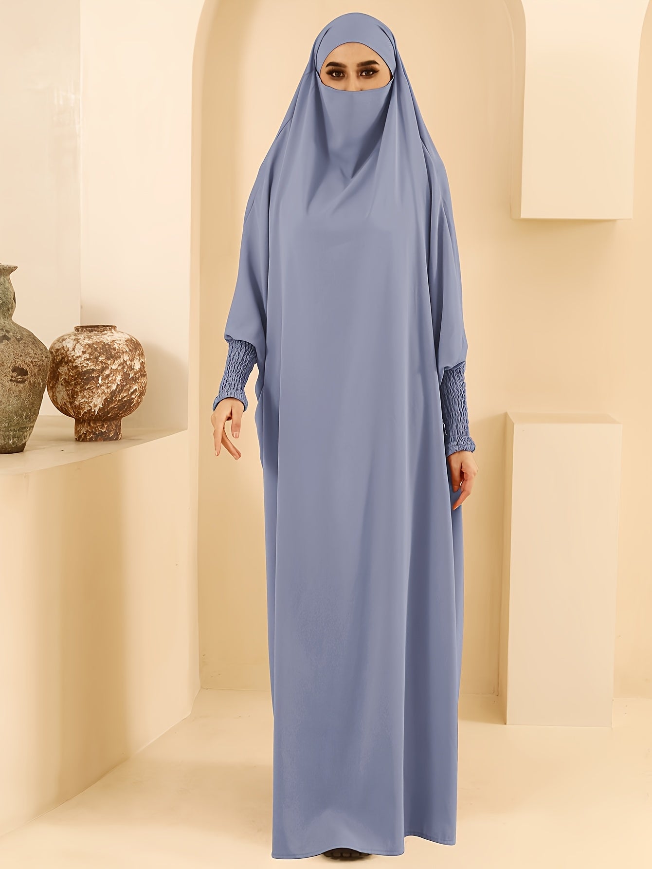 Women's Long Sleeve Abaya Dress - Loose Fit Solid Blue Kraft Style with Frill Hem