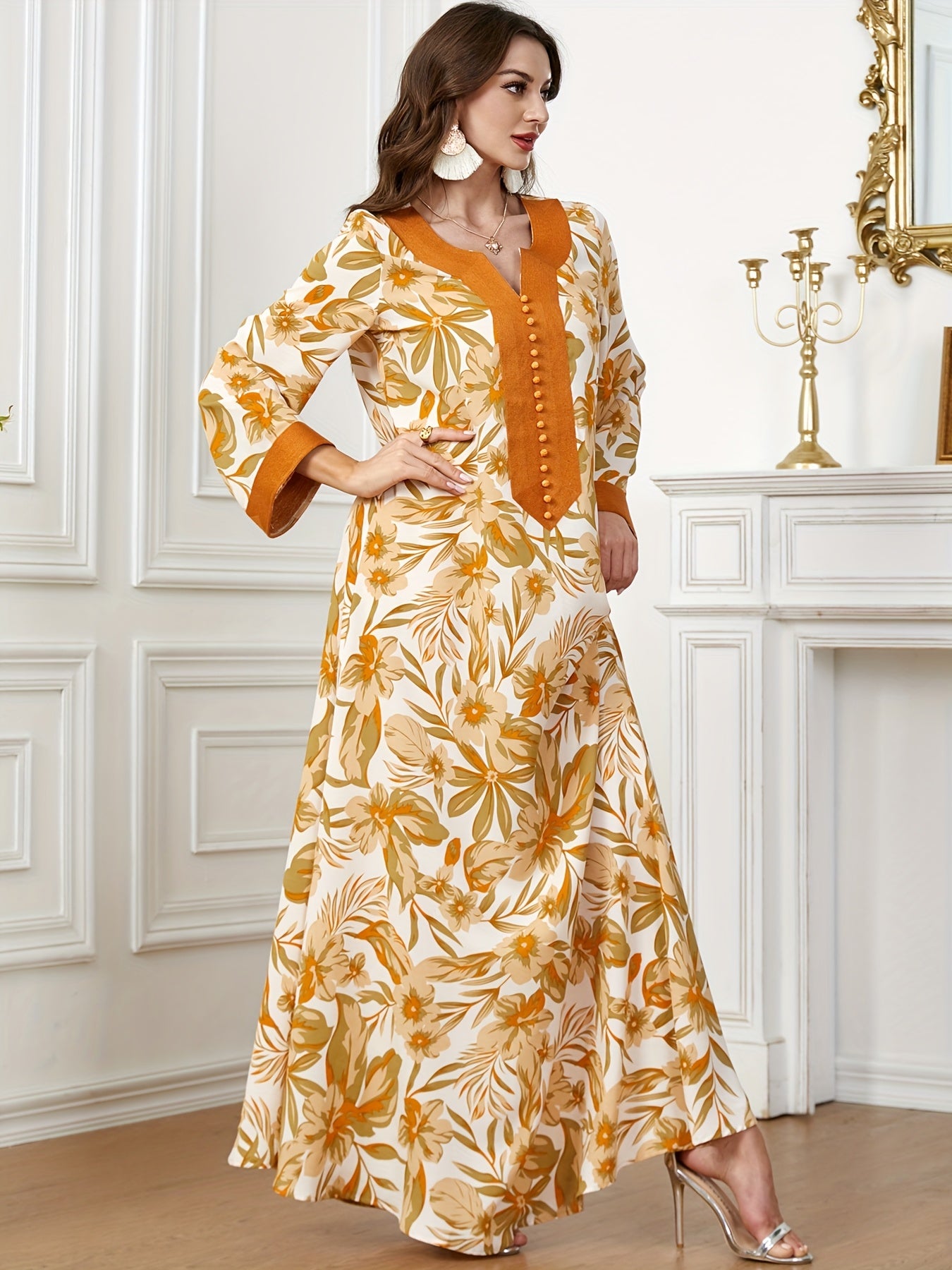 Print Long Sleeve Kaftan Modern Abaya with Embroidered Buttons - Maxi Length, Orange & Cream Floral Design, Polyester Fabric, Machine Washable, All-Season Wear, Floral Print Dress
