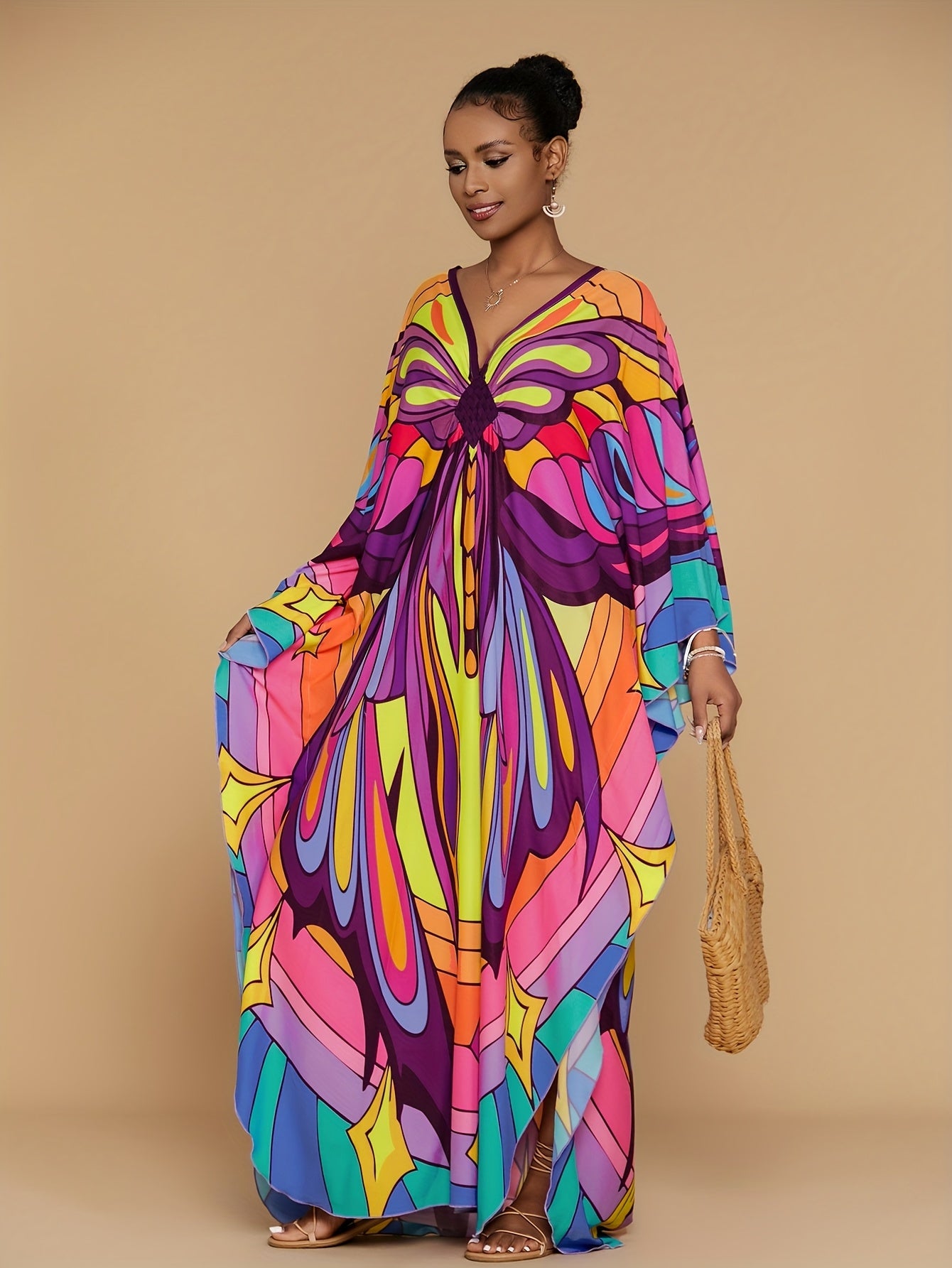Plus Size - Maxi Dress - Vibrant Butterfly Abaya Cover Up, V-Neck Batwing Sleeve Tunic with Asymmetrical Hem, Loose Fit Long Beach Dress for Women, Spring Summer Fall Casual Outings, Beach Dress
