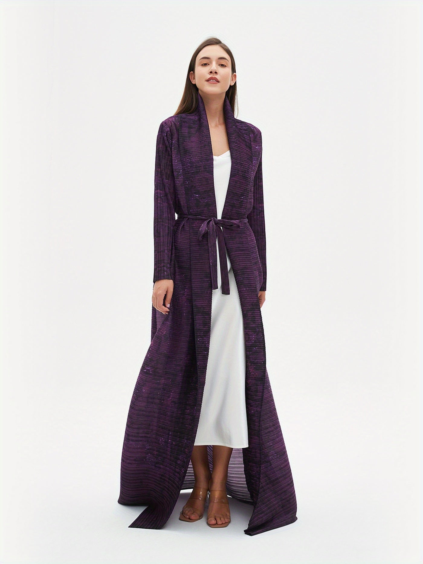 Elegant Long Robe for Eid al-Fitr - Women'S Stylish Geometric Print Maxi Abaya with Tie Waist, Lightweight Polyester, Perfect for Spring, Summer & Fall, Middle Eastern Fashion, Long Sleeve