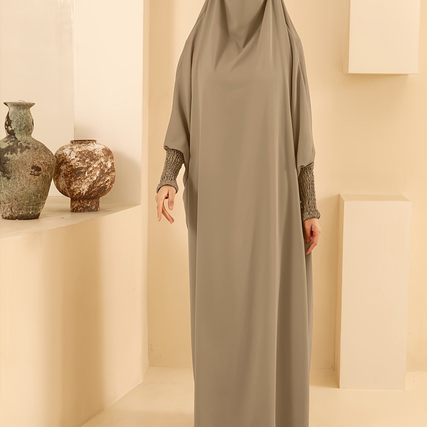 Women's Long Sleeve Abaya Dress - Loose Fit Solid Blue Kraft Style with Frill Hem
