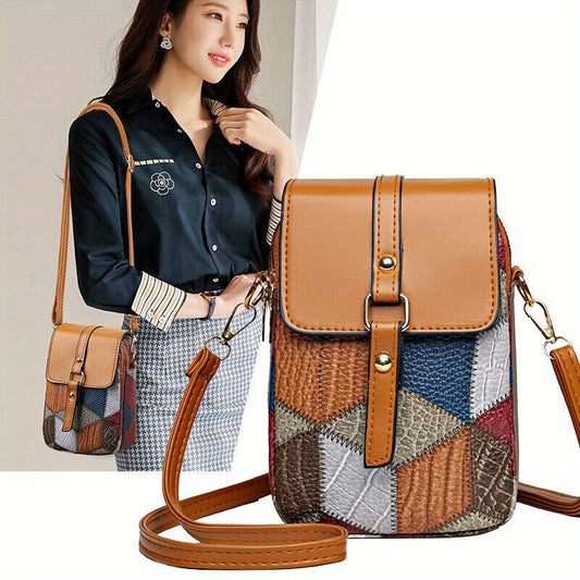 Stylish Retro Leather Crossbody Bag - Patchwork Rhombus Pattern & Multiple Compartments - Versatile Phone Wallet & Coin Purse