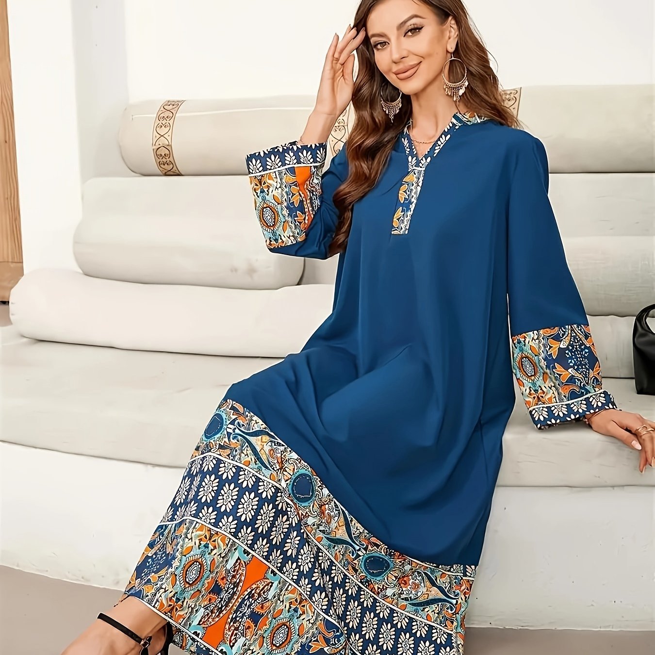 Elegant Muslim Kaftan Abaya Dress | Middle Eastern-Inspired Ethnic Floral Print with Blue/Orange/White/Black, Asymmetrical Hem & Lace Trim, X-Line Silhouette, Adjustable Waist Tie for Modest Women