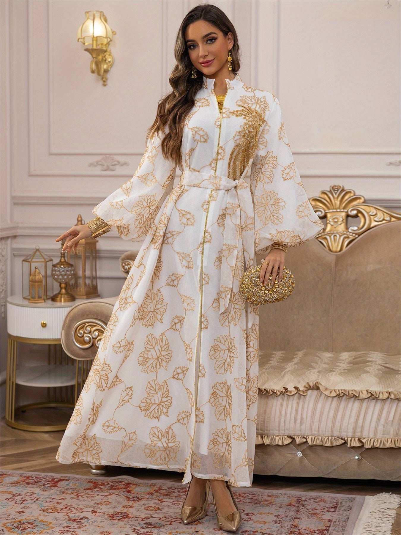 Dubai Floral Embroidery Belted Dress Belt included Lantern Sleeve Maxi Abaya Luxury Woman Evening Dresses Modern Kaftan 2025