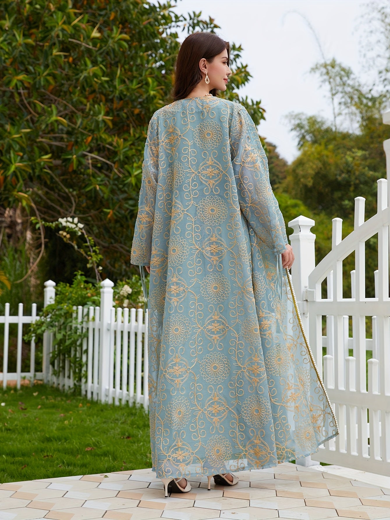2pcs embroidered gray-blue Turkish elegant festive abaya set