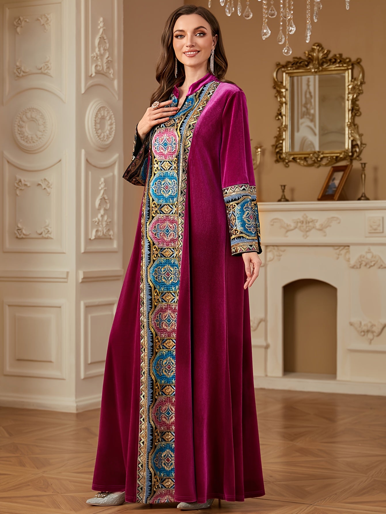Women's Middle Eastern-Inspired V-Neck Long Sleeve A-Line kaftan Abaya - Burgundy with Multicolor Embroidery, Loose Fit Floor-Length Traditional Elegance for Autumn/Winter, Machine Washable