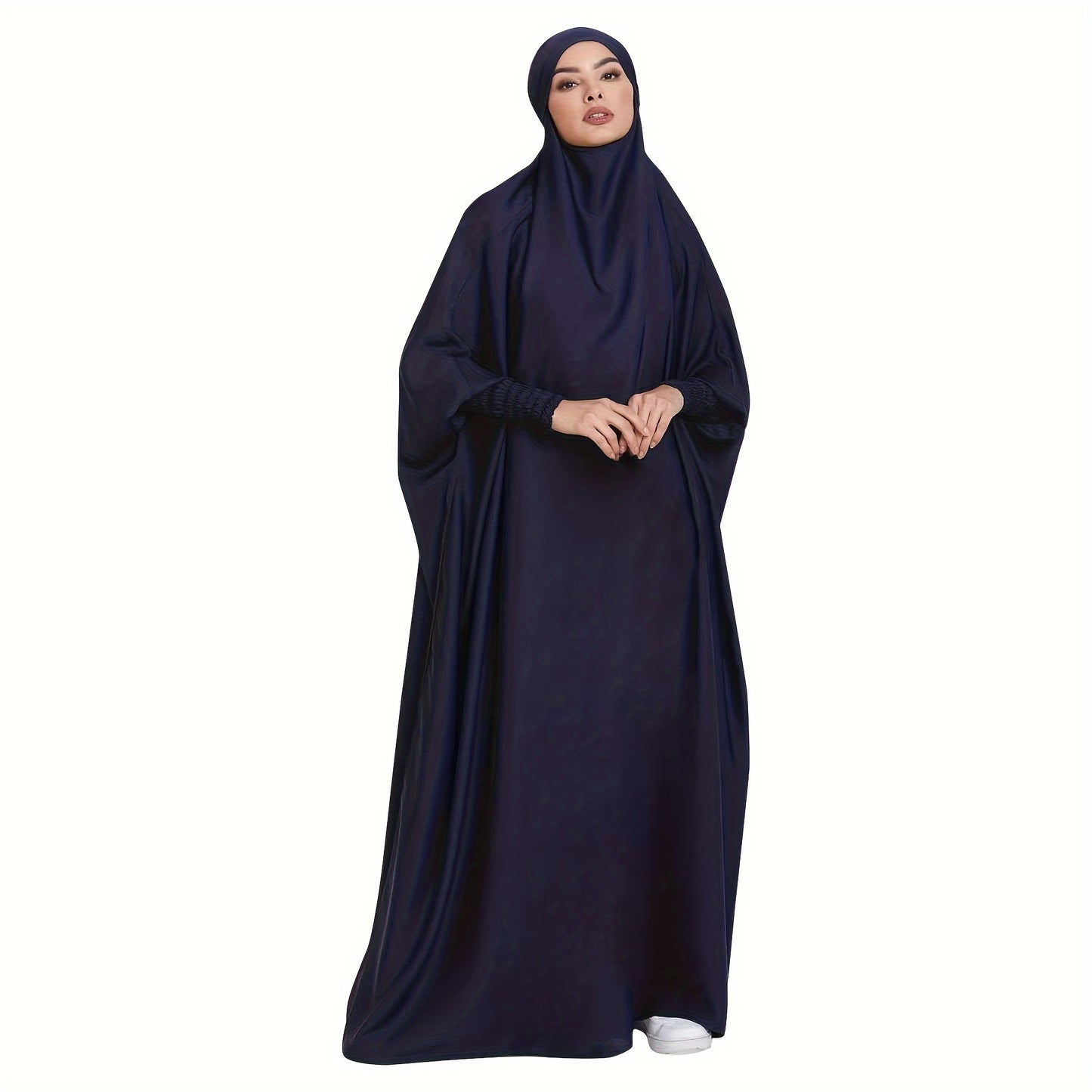 Long Sleeve Solid Color Jibab Abaya - Women's Traditional Arabian Polyester Robe with Tie Back, 95% Polyester 5% Elastane, 135g/m² - Muslim Nida Hijab Dress