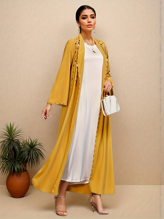 Women's Middle Eastern Abaya - Elegant Long Robe with Long Sleeves, Open Front Mustard-Yellow Islamic Dress for Wedding, Formal Events - Non-See-Through Formal Attire