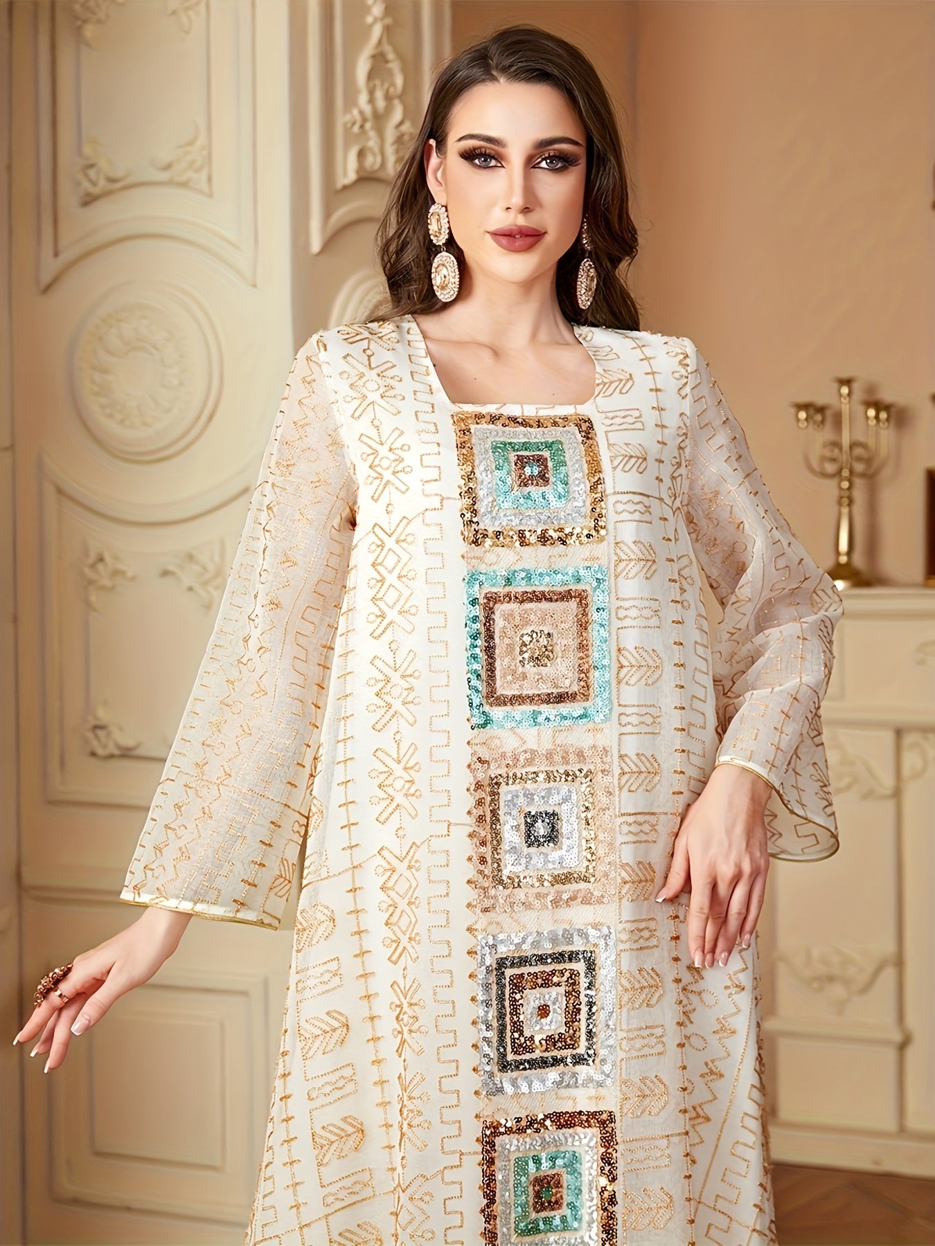 Muslim Sequin Patchwork Dress Women's Jalabiya Ramadan Morocco Dubai Mesh Fashion Kebaya Loose Kaftan Abaya