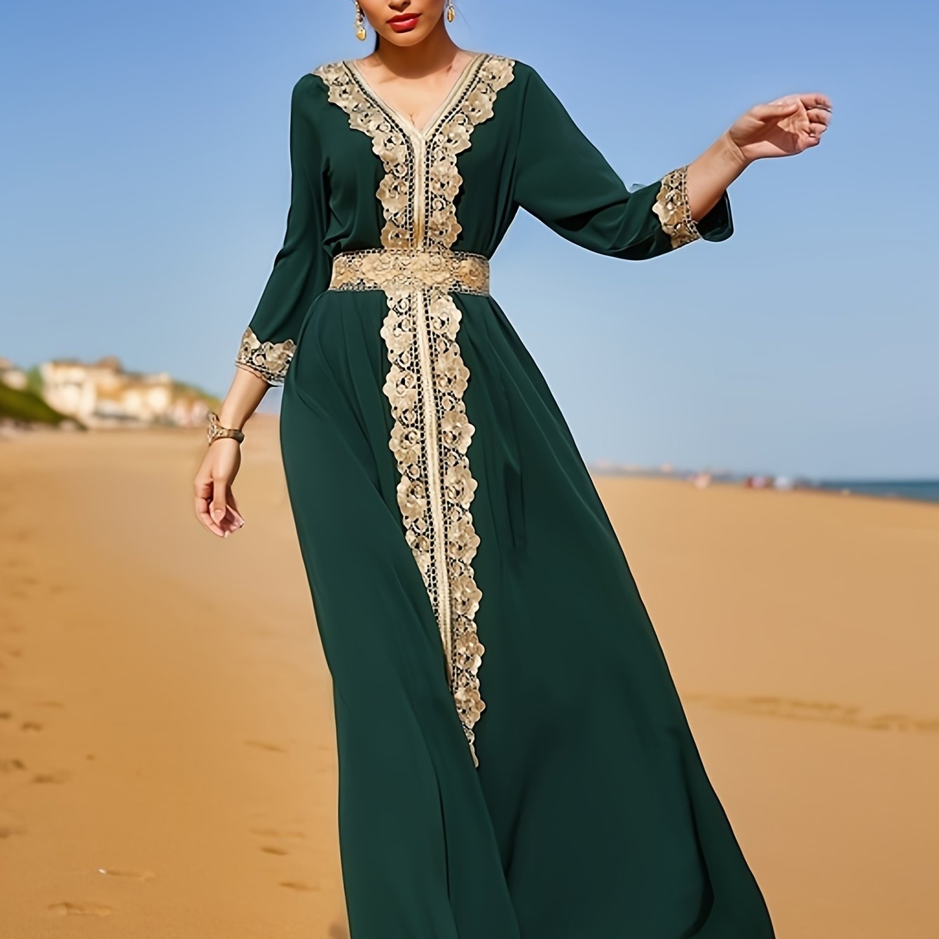 Elegant Golden Contrast Lace Detail Maxi Palestinian Abaya - V-Neck, Long Sleeve, Polyester, Formal or Evening Wear for Women, Formal Occasion Attire | Lace Detailing | Polyester Fabric