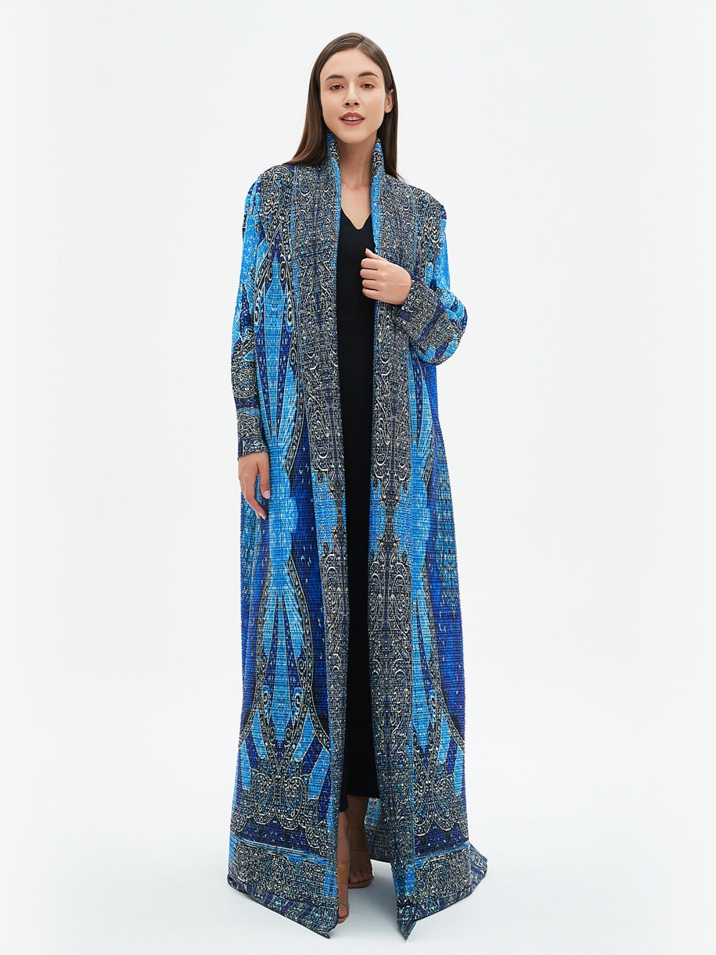 2025 Summer New Miyake-Style Kaftan Abaya, Long Sleeve, High-Elasticity Polyester Dress with Geometric Print, Belted Waist Design - Versatile for Daily Commute & Formal Occasions