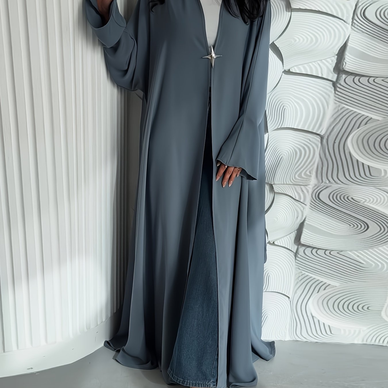 1pc Women's Muslim Fashion Drape Satin Open Cardigan, Casual Fine Fabric, Elegant Craftsmanship, Sophisticated Texture, Stylish and Generous Long Abaya Robe