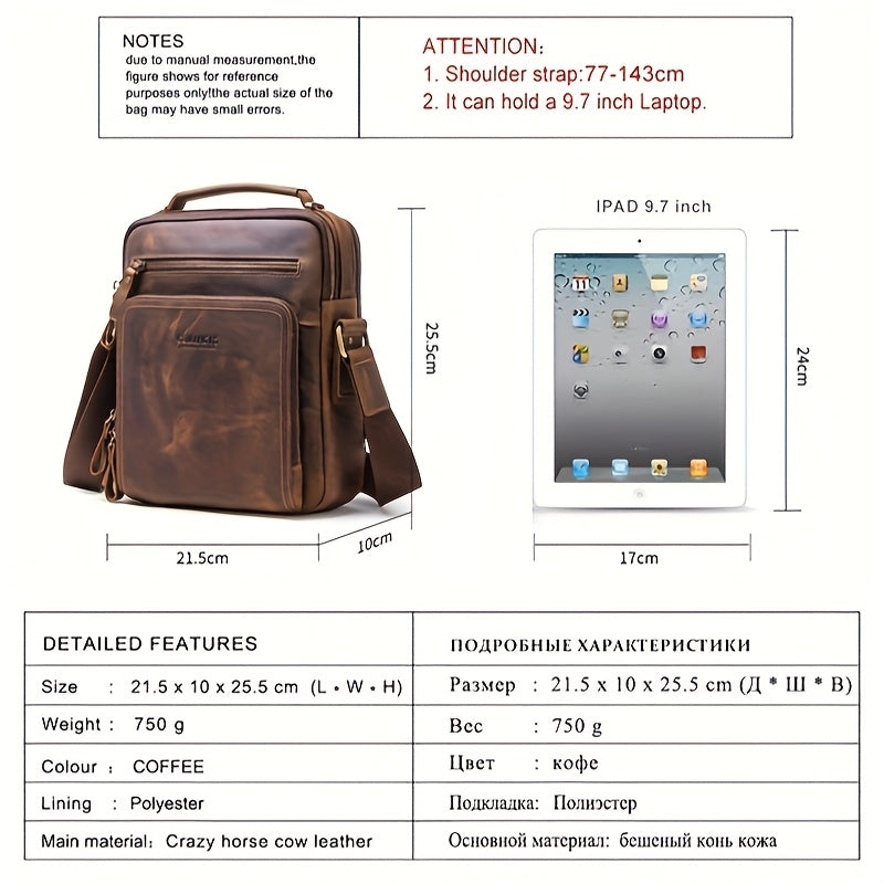 3 Color Vintage Leather Men'S Shoulder Bag Messenger Bag Crossbody Bag Handbag Zipper Pocket 9.7" Tablet Holder Gift