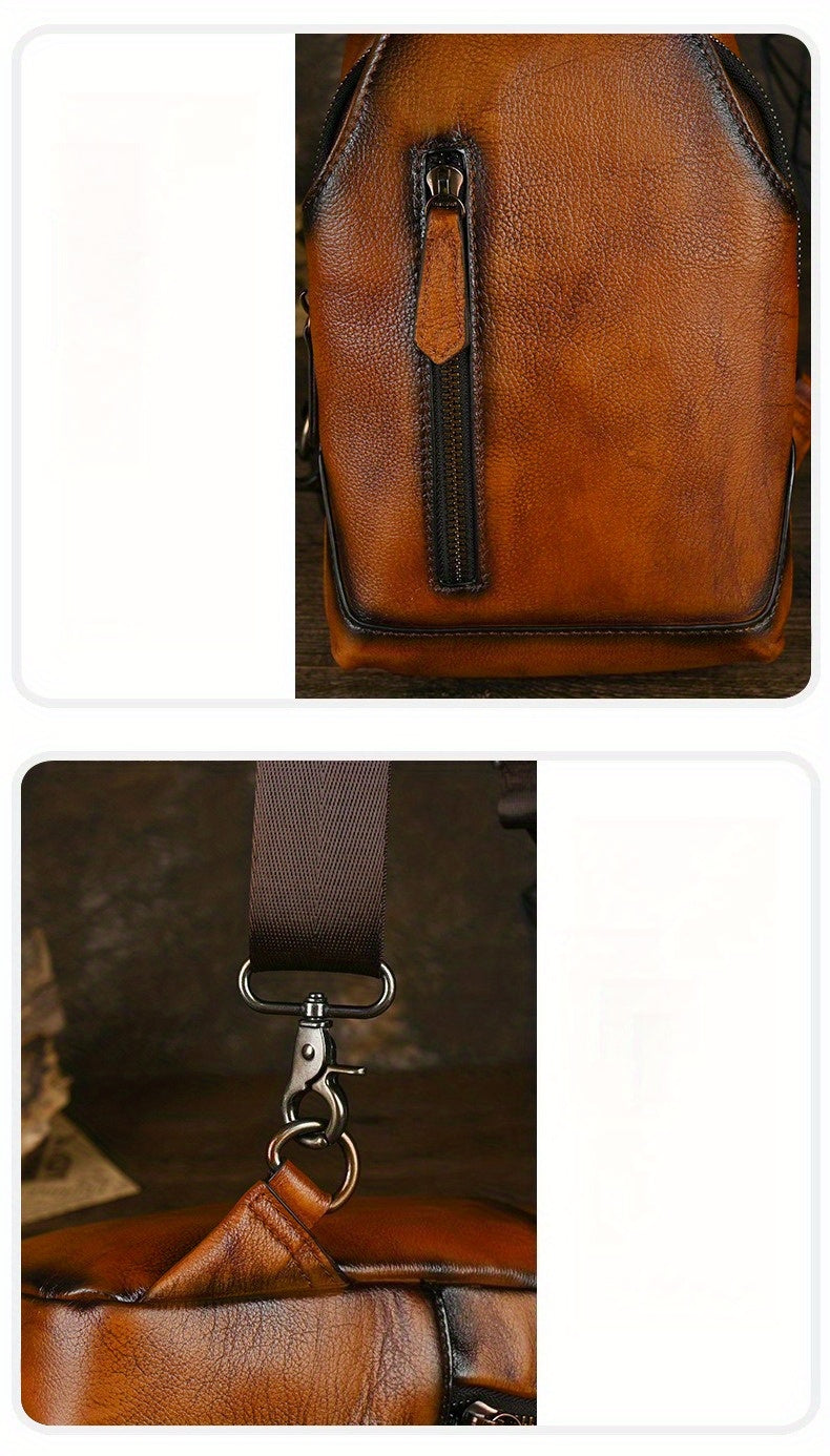 Handmade Genuine Leather Men's Retro Sling Bag - Adjustable Anti-Theft Crossbody Bag with Large Capacity