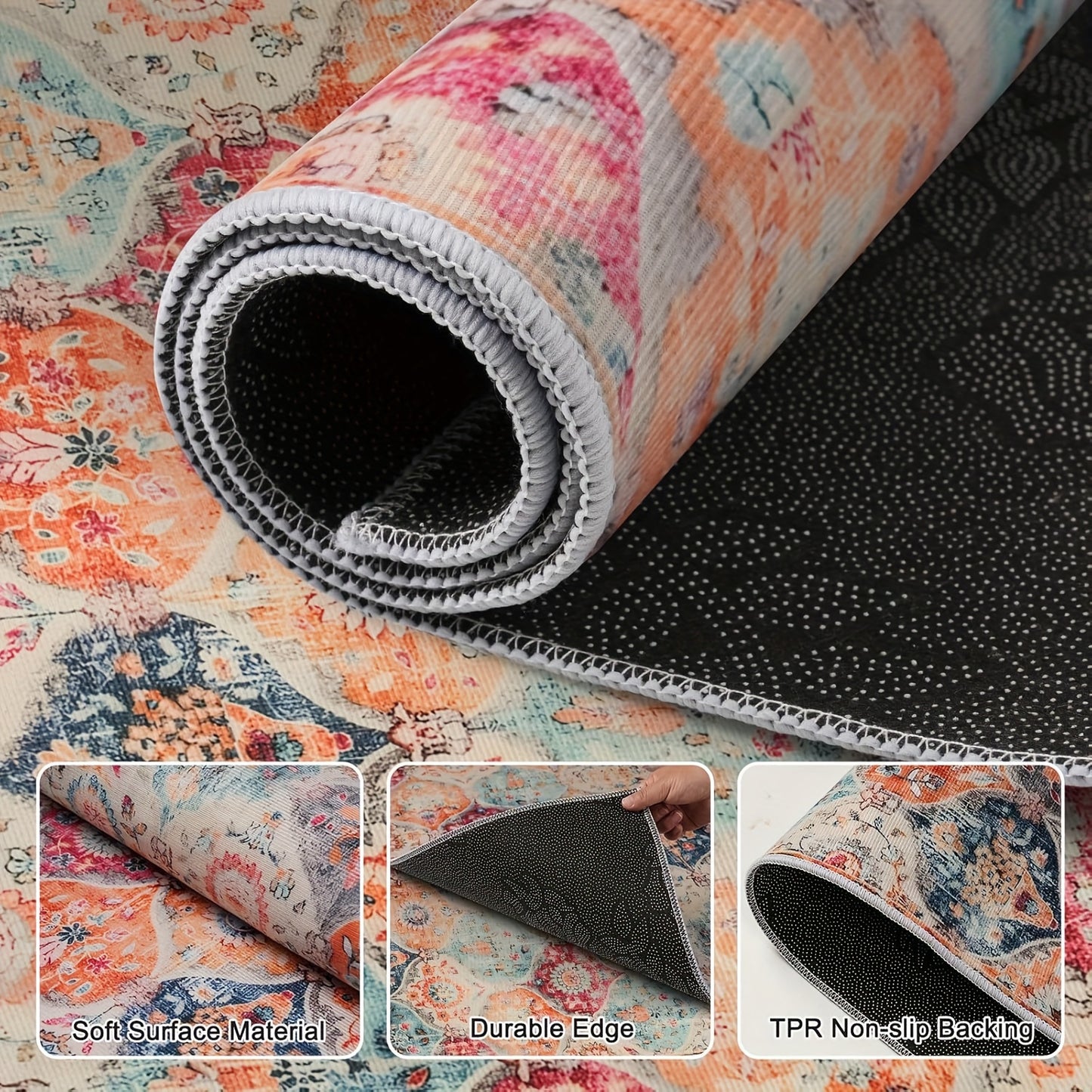 Quick-Dry Non-Slip Vintage Floral Carpet, Rugs - Machine Washable Ultra-Thin 100% Polyester Indoor/Outdoor Entryway Mat for Bathroom, Kitchen, Bedroom - Distressed Home Decor with Vibrant Colors, Kitchen Floor Mat, Decorative Door