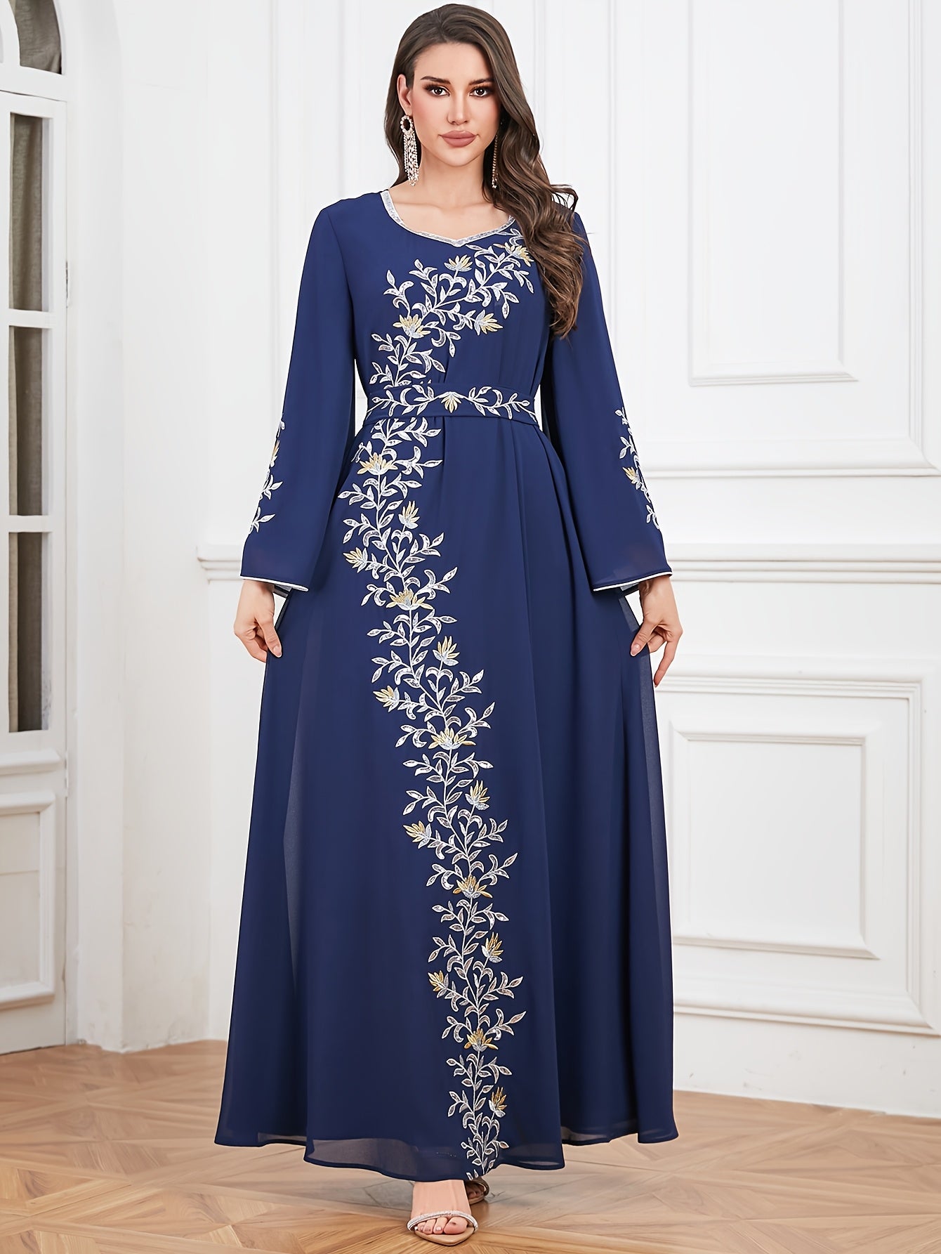 Elegant Embroidered Abaya Dress - Loose Fit, Machine Washable Polyester Modest Kebaya for Women with Belt