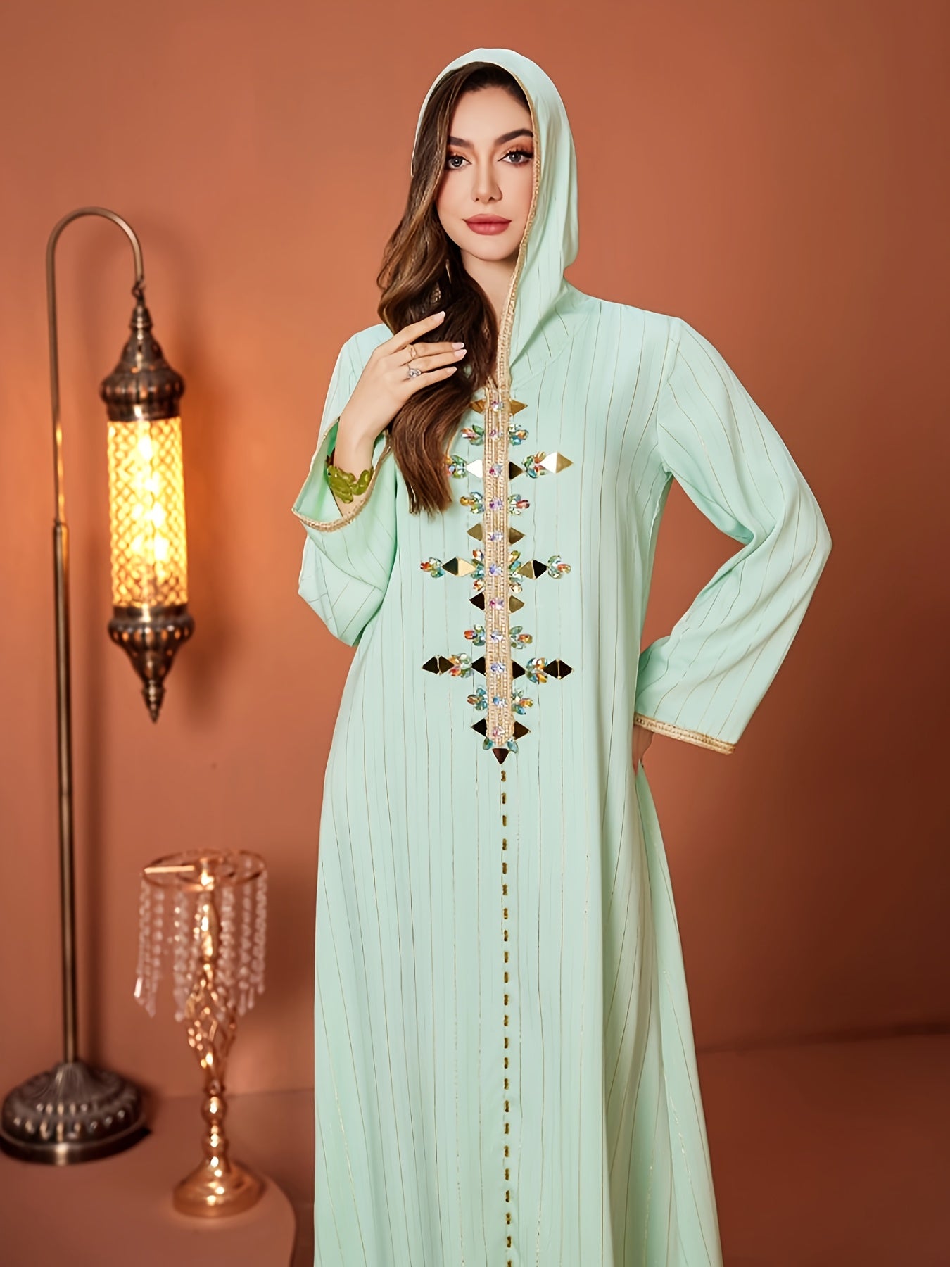 Elegant Mint Green Women’s Hooded Kaftan Dress with Rhinestone Embellishments, Long Sleeve Emirati Abaya with Zipper Front and Golden Trim, All-Season Wear