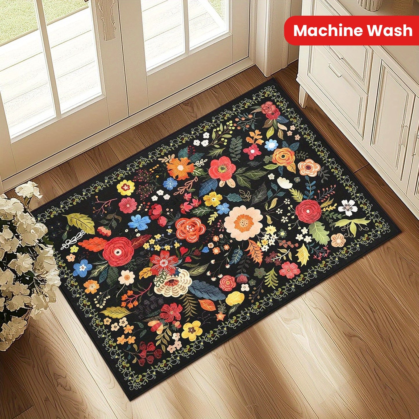 Boho Floral Rugs Door Mat, Living Room and Bedroom Decoration Mat - Home Decoration -Anti-Slip, Washable Entrance Mat with Rubber Backing, Durable Polyester, Ideal for Living Room, Bathroom, Kitchen, Laundry