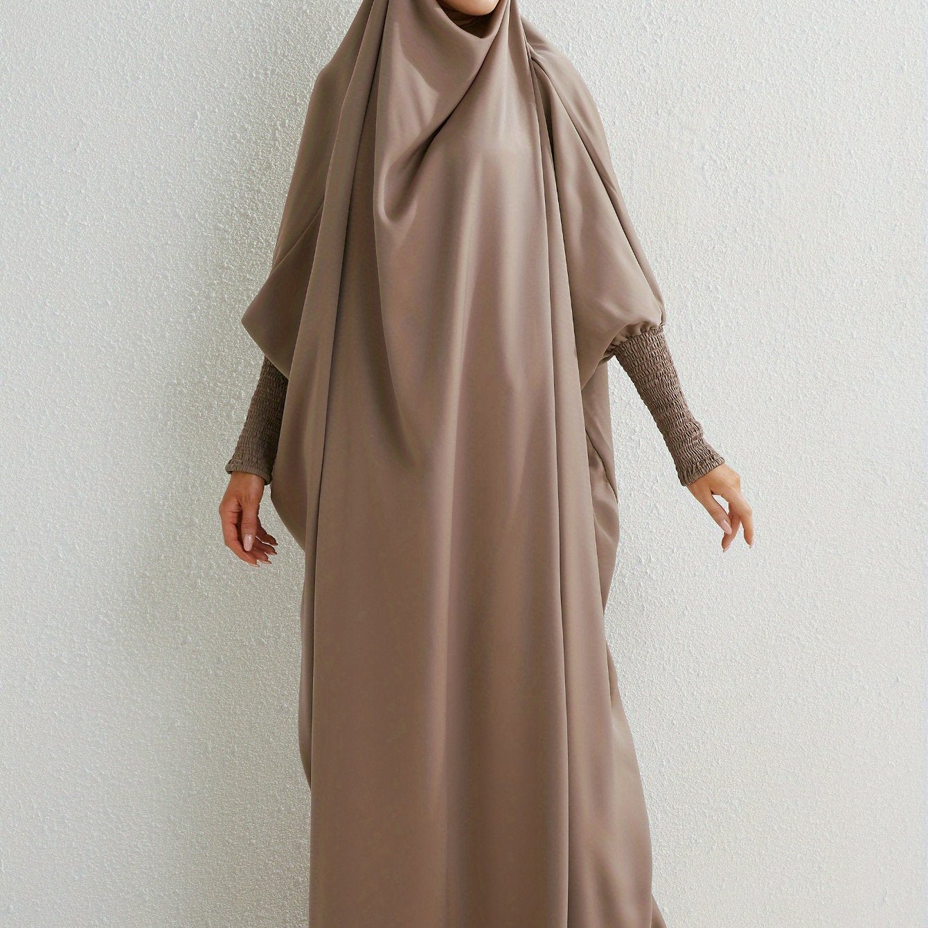 Elegant Loose-Fit Abaya Robe with Built-In Headscarf - Modest Ramadan Prayer Dress, Long Sleeve Butterfly Cuff Traditional Middle Eastern Full-Length Cover Dress, Solid Color Machine Washable, Religious Attire, Allseason Wear