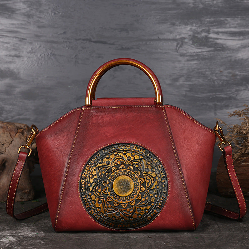 Genuine Leather Women's Handbags, Tote Bags, Large-Capacity Bags, Chinese-Style Crossbody Dumpling Bag, Messenger Bag
