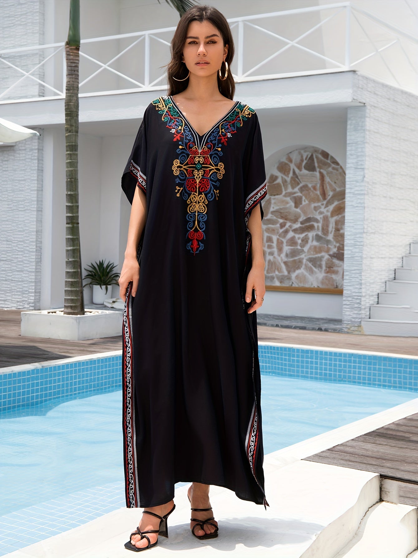 Women's Embroidery Swimsuit Cover Ups Beach Cover Up Kaftan Plus Size V Neck Ethnic Style Batwing Sleeve Kaftan Dress - For Women - Suitable for Beach, Pool, Vacation - Perfect Gift for Summer