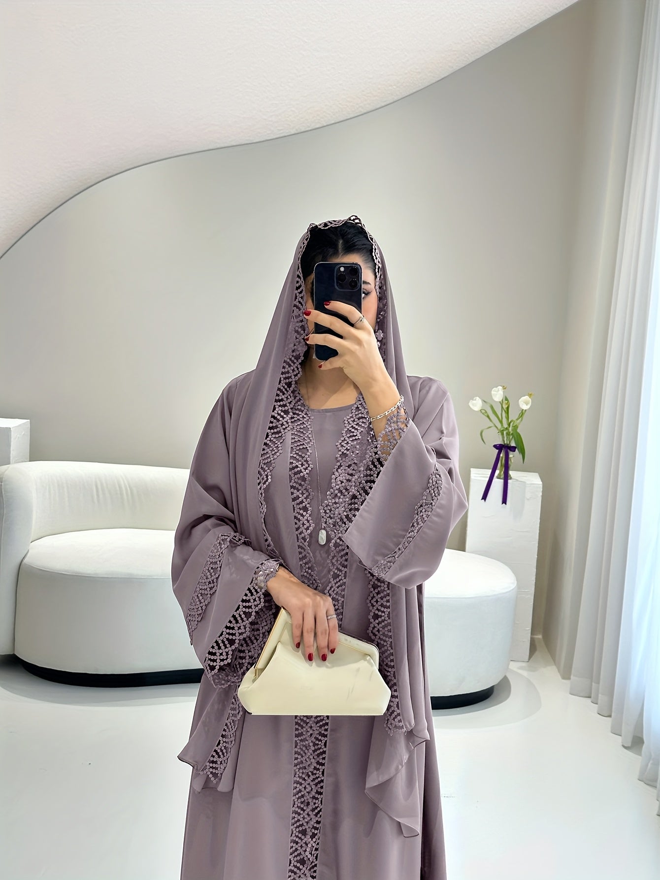 2pcs Muslim Kaftan Abaya Set with Lace Trim | Plus Sleeveless Vest Skirt, Headscarf, for Ramada
