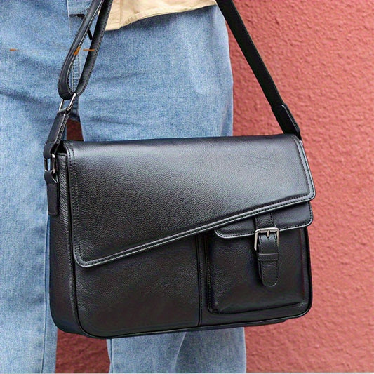 Genuine Leather Unisex Crossbody Messenger Bag - Sleek Minimalist Design with Adjustable Strap, Multiple Compartments & Metal Hardware, Black for Men & Women