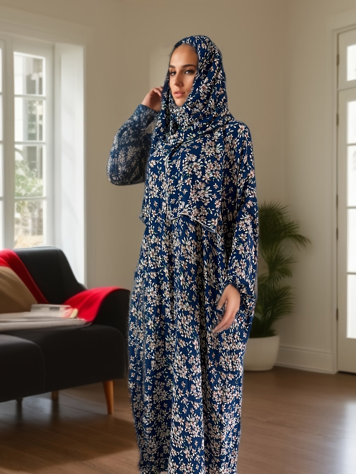 Ramadan Plus Size Floral Print Modest Jibab Abaya Dress, Modest Long Sleeve Maxi Dress With Hijab, Women's Plus Size Clothing