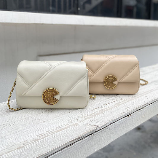 2025 Spring/Summer Women's Genuine Leather Quilted Crossbody Bag with Detachable Chain Strap & Golden-Tone Clasp Closure