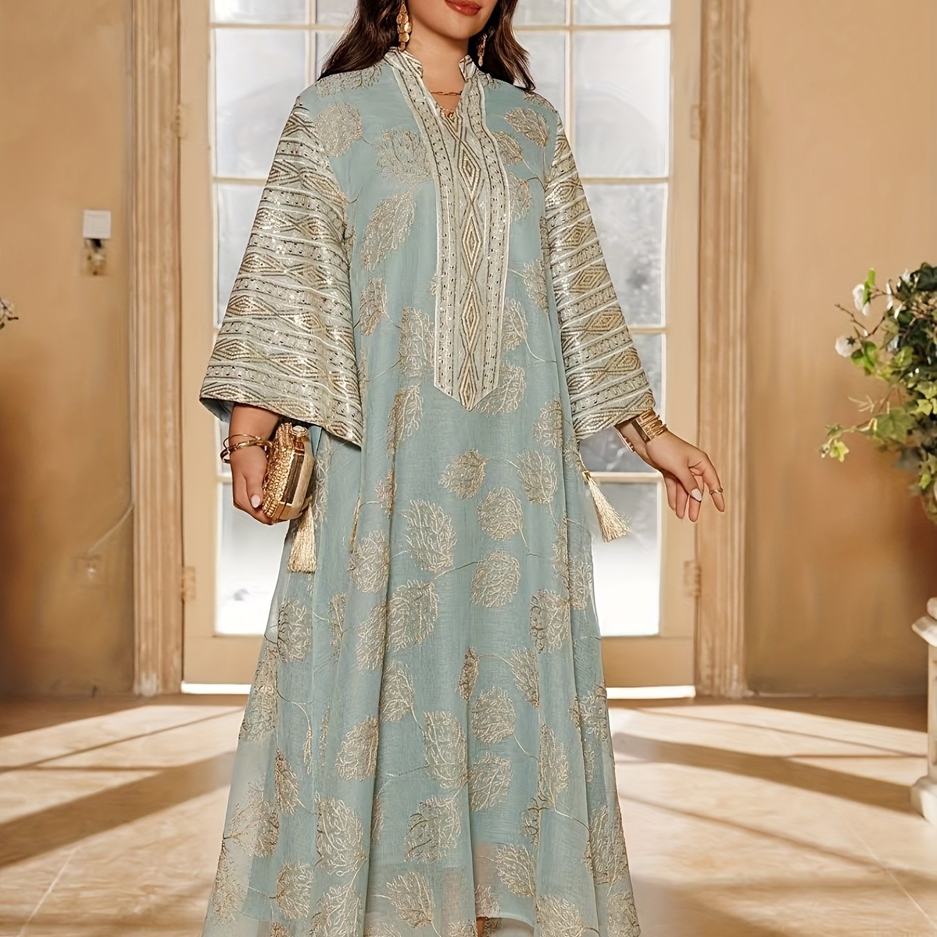 Elegant Blue & Golden Embroidered Abaya for Women - V-Neck, Split Sleeves, Asymmetrical Hem, Floor-Length Traditional Dress with Beaded Detailing, Perfect for Evening Wear, Allseason Abaya|Elegant Embroidery|Asymmetrical Hem