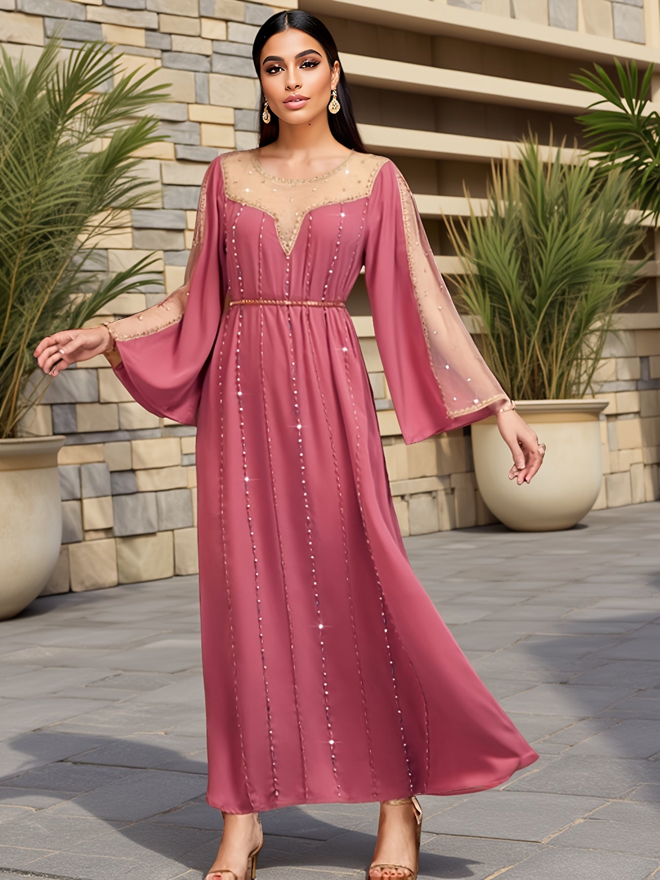 Women's Middle Eastern-Inspired Rhinestone-Embellished Long Sleeve Modern Abaya - Solid Peach Pink Polyester with Belt Detail, Elegant Spring/Summer Party & Casual Wear, Hand Wash Only