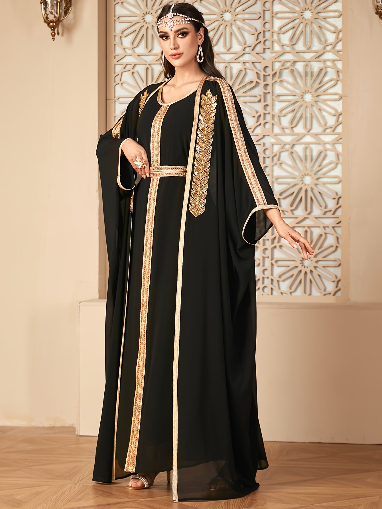 Elegant Ramadan Style Sequin Abaya Gown Dress with Mesh Overlay and Batwing Sleeves - Round Neck, Black with Golden Accents, Flowing Draped Waist, Perfect for Women's Fashion, Festive Attire|Elegant Attire