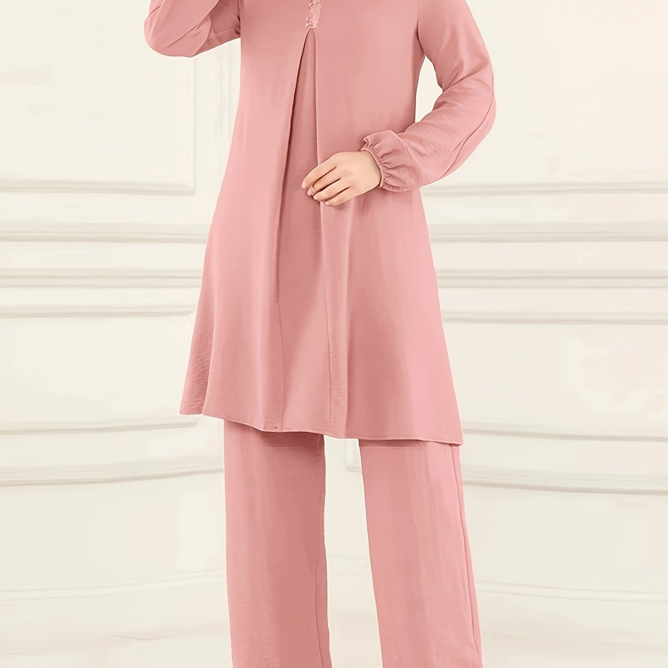 Ramadan Elegant Pure Muslim Two Piece Set, Long Sleeve Round Neck Top and straight-leg Pants Jilbaab Outfits, Women Clothing
