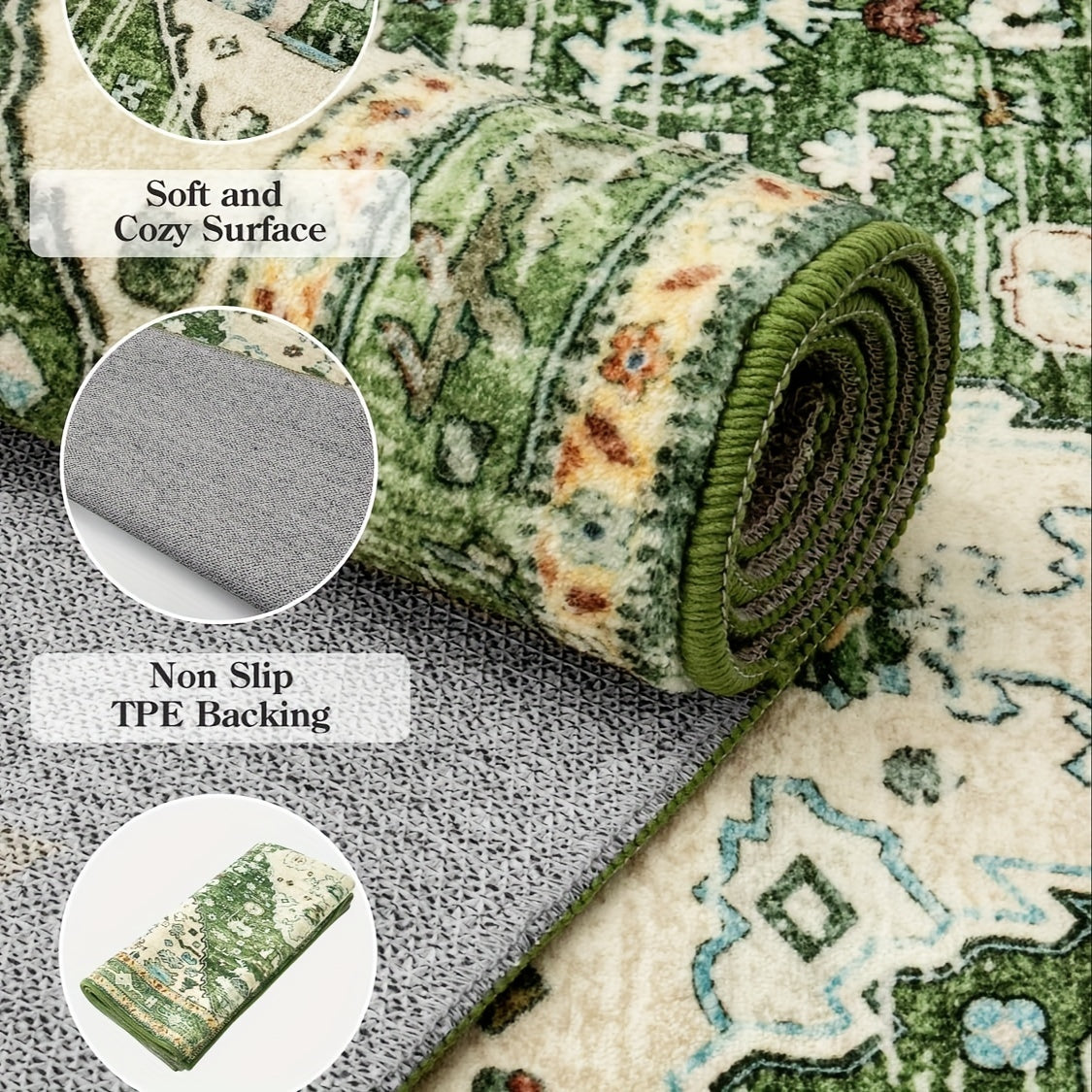 Boho Tribal Area Mat - Distressed Green Machine Washable & Non-Slip 100% Artificial Fur Mat, Large Sizes up to 2.16m² for Entryway, Bedroom, Living Room, Office - Bohemian Indoor Floor Rugs, Entryway Decor, Large Area Carpet