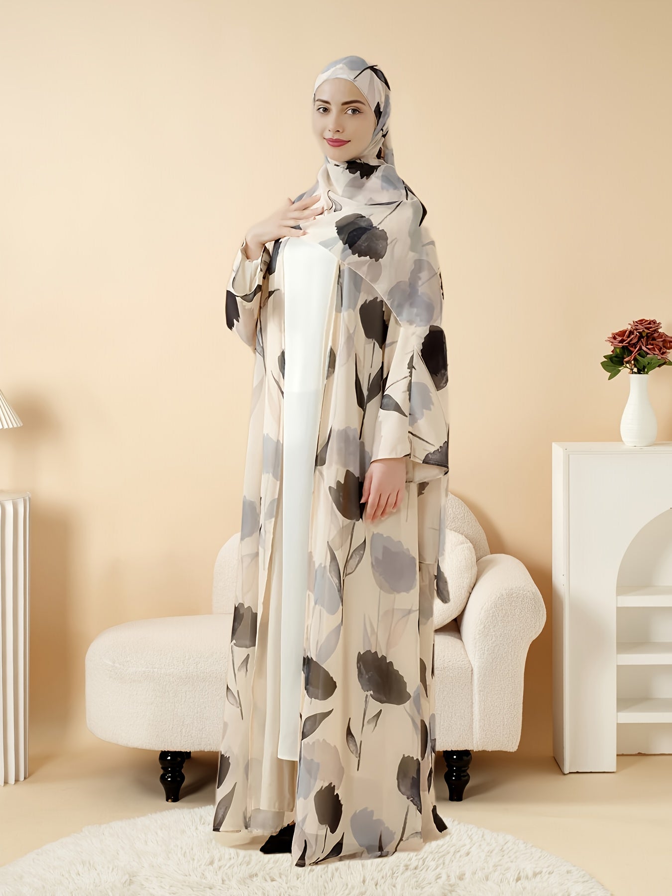 Elegant Floral Print Abaya Set - Lightweight, Open Front Long Robe with Matching Garment, Polyester, Non-Stretch Fabric, Perfect for Summer, Middle Eastern Fashion
