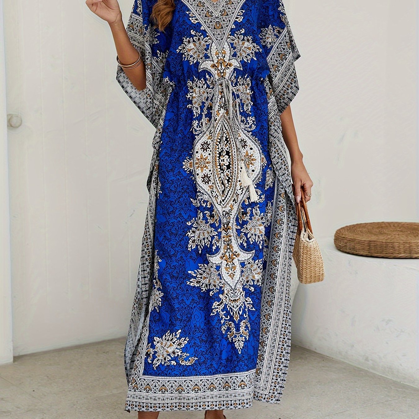 Women's Middle Eastern Muslim Kaftan Abaya, Loose V-Neck Beach Bohemian Party Dress