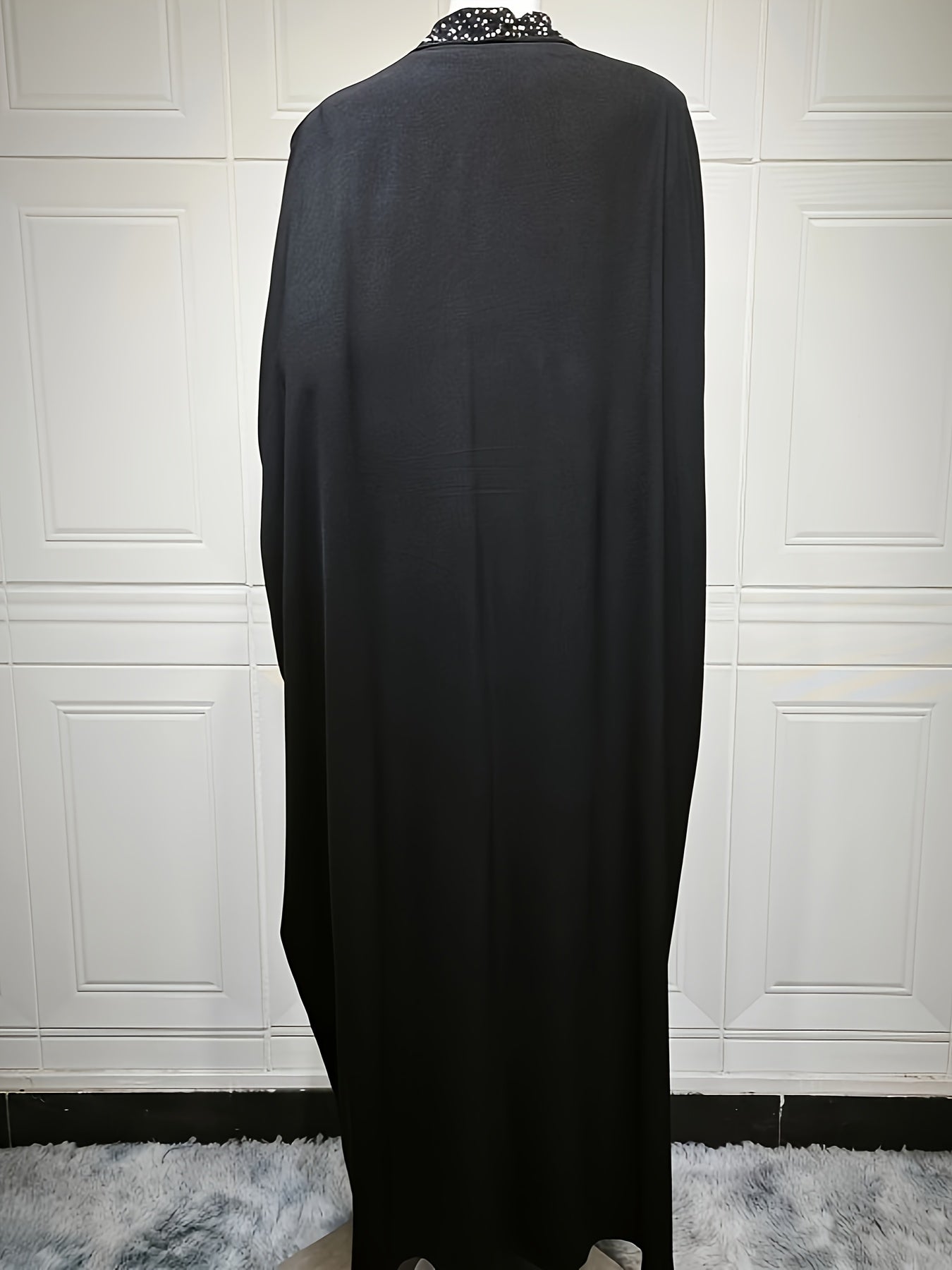 Elegant Black Rhinestone-Embellished Emirati Abaya Kaftan - A-Line Modest Cover-Up with Stand-Up Collar, All-Season Versatile Traditional Muslim Dress for Women, Muslim Clothes, Seasonal Wear