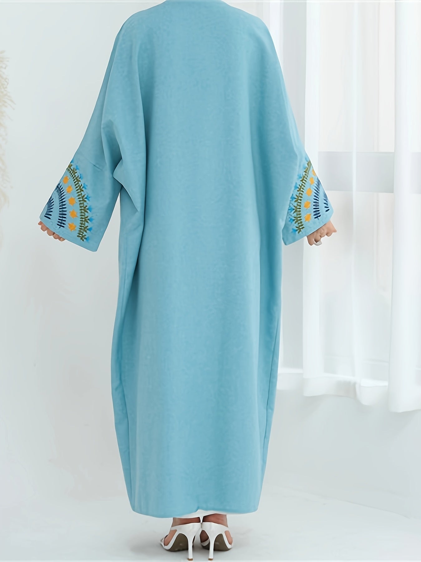 Elegant Beige Kimono Abaya - Open Front Linen-Look Polyester Dress for Women, Long Sleeve with Contrast Trim, All-Season Islamic Wear (Sizes S to XXL), Modest Clothing