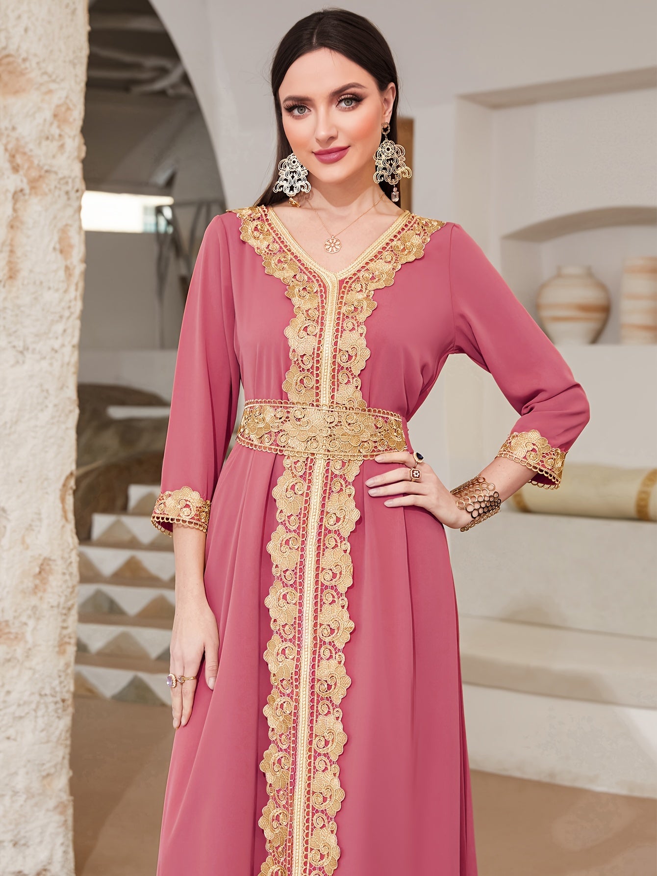 Elegant Golden Contrast Lace Detail Maxi Palestinian Abaya - V-Neck, Long Sleeve, Polyester, Formal or Evening Wear for Women, Formal Occasion Attire | Lace Detailing | Polyester Fabric