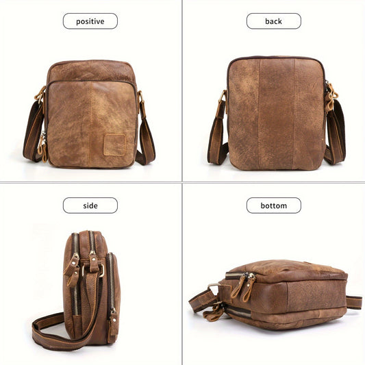 Genuine Top-Grain Cowhide Retro Men's Leather Satchel Bag - Adjustable Anti-Theft Crossbody Bag with Multiple Compartments, Large Capacity Light Brown Street-Style for Business