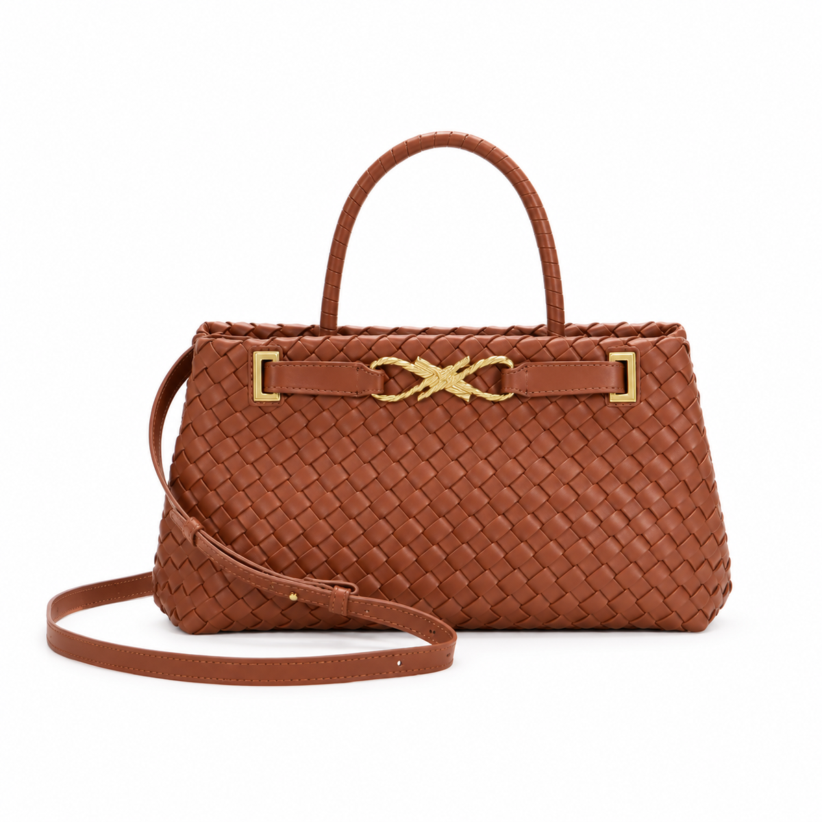 Brown Woven Handbag With Gold Hardware