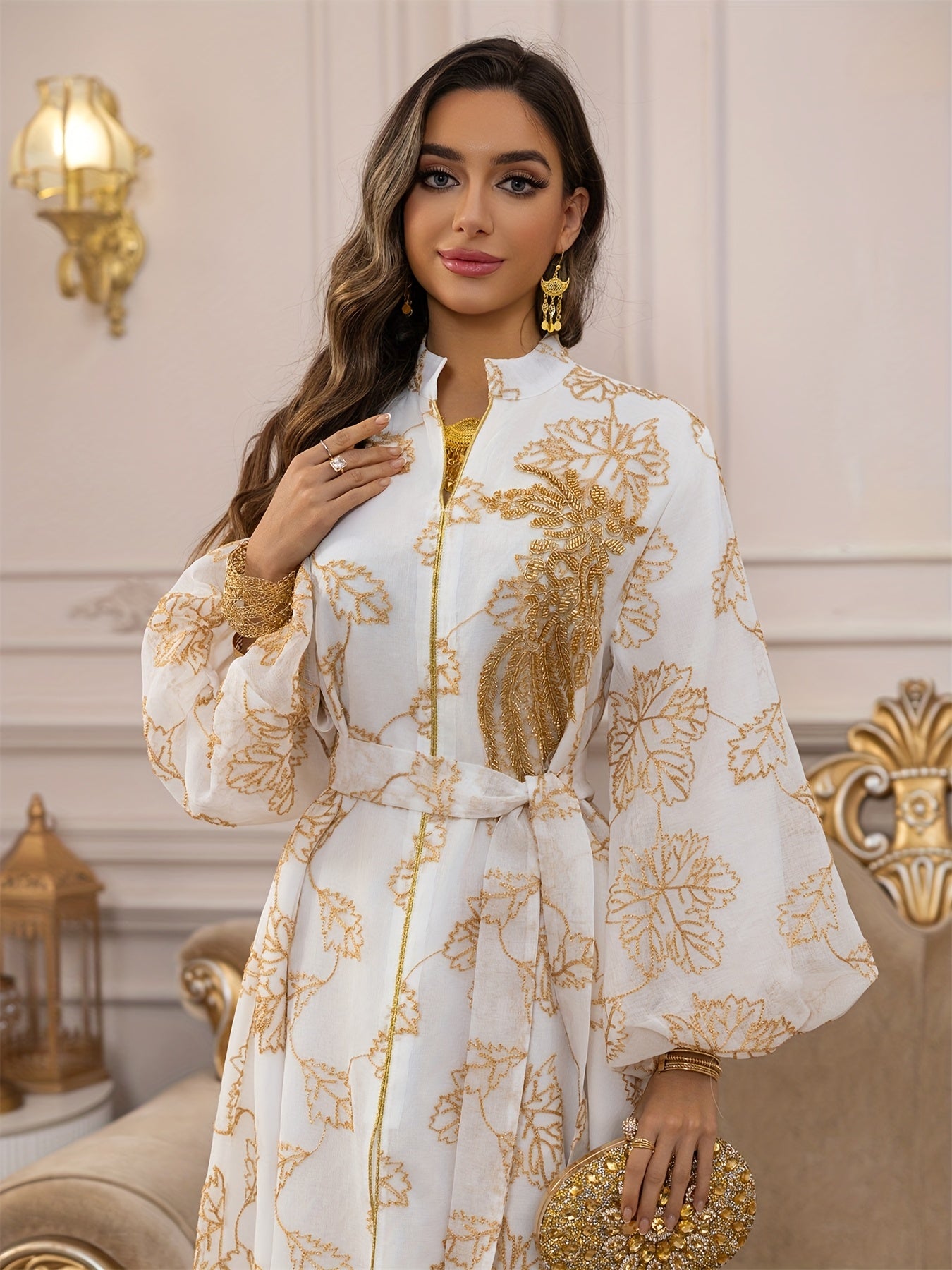 Dubai Floral Embroidery Belted Dress Belt included Lantern Sleeve Maxi Abaya Luxury Woman Evening Dresses Modern Kaftan 2025
