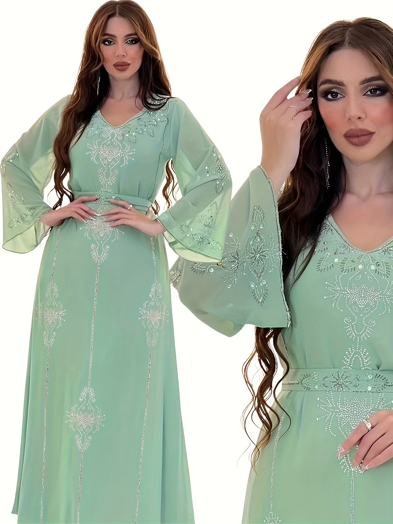 Elegant Rhinestone Embellished Chiffon Dress - Summer Long Robe for Women, Polyester, Machine Washable, Middle Eastern Style Palestinian Abaya