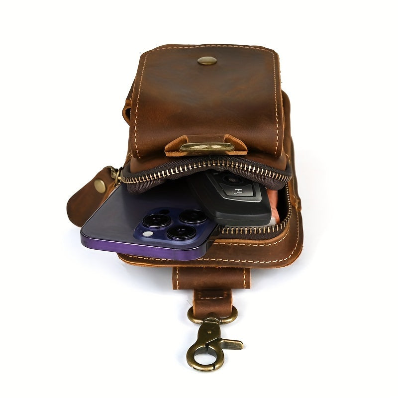 Men's Retro Genuine Leather Belt Bag - Anti-Theft Lightweight Belt Clip with Multiple Zippered Compartments for Phone & Essentials
