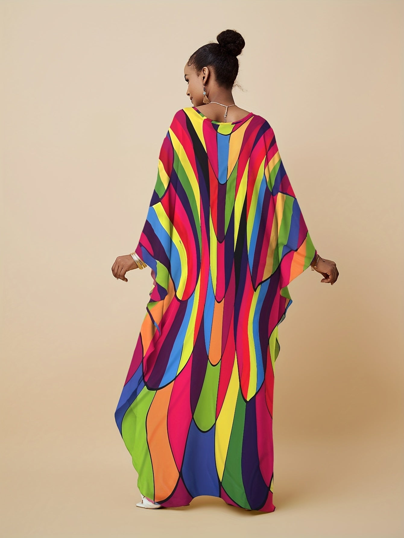 Plus Size, Women's Plus Size Kaftan Dresses Colorful Color Block Patterns Rainbow Prints Ethnic Style Dress Vacation Plus Size Kaftan Robe Beach Cover Up Elegant Kaftan Dress