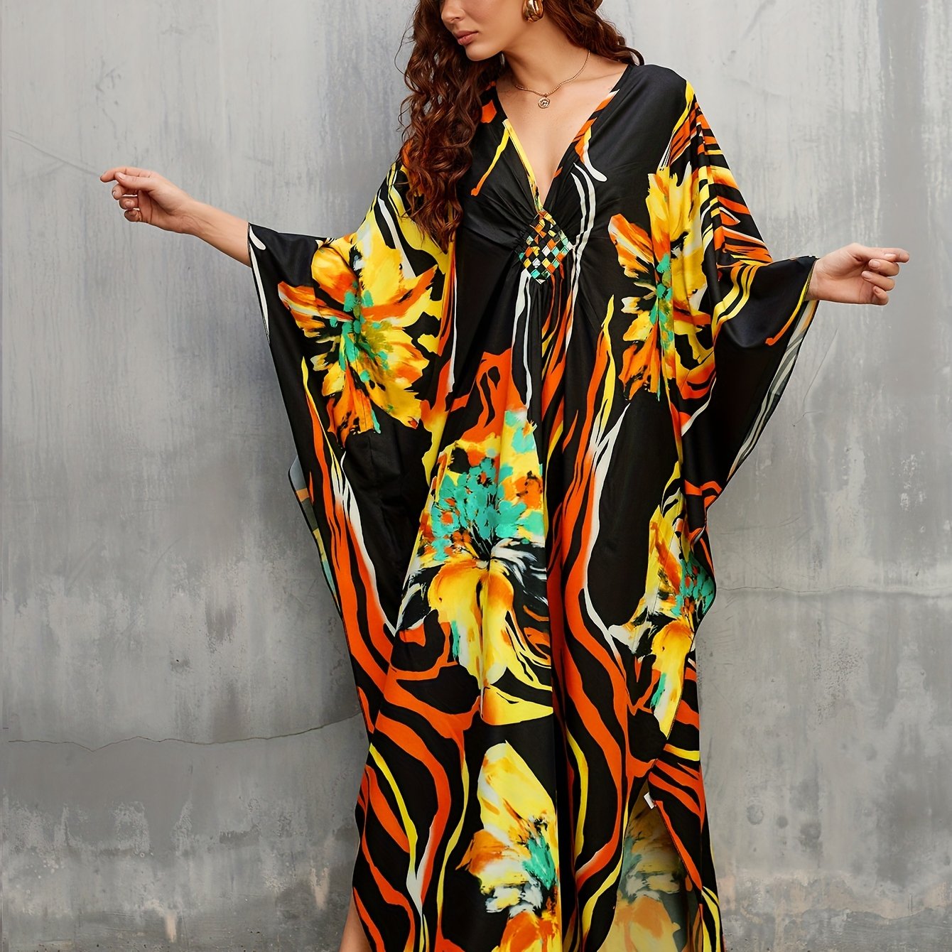 Women's Long Beach Cover Up With Floral Print Kaftan Deep V-neck Casual Vacation Bikini Swimsuit Cover Up